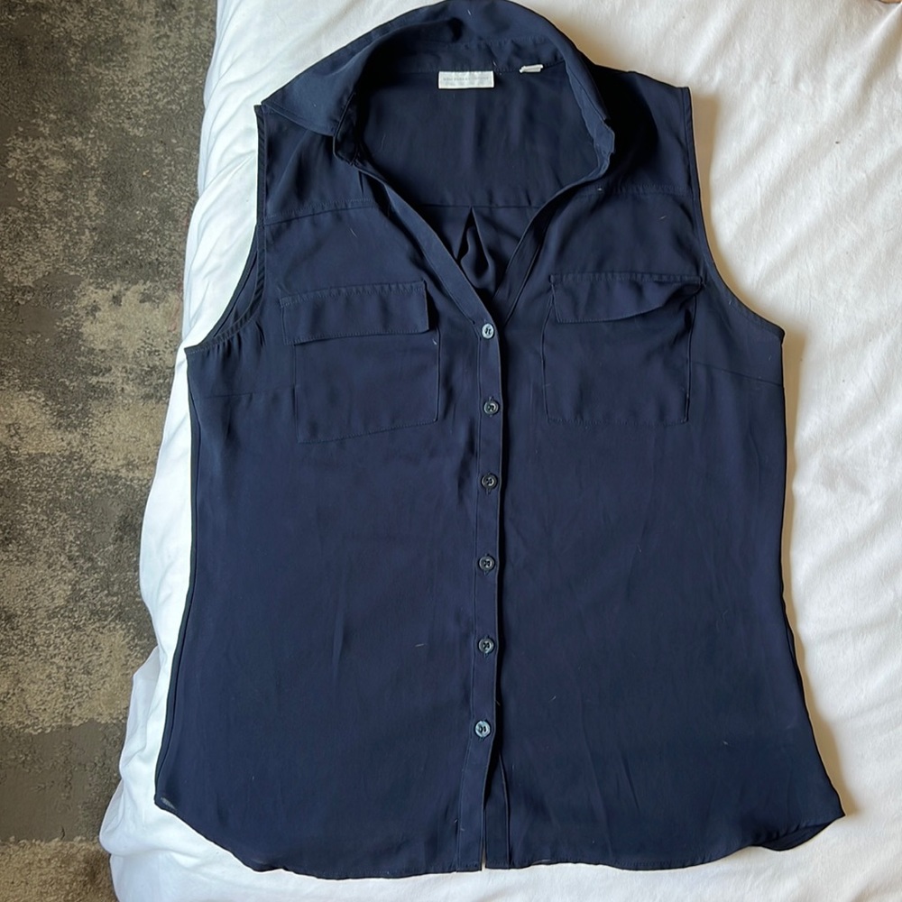 New York and Company Navy Sleeveless Collared Shirt